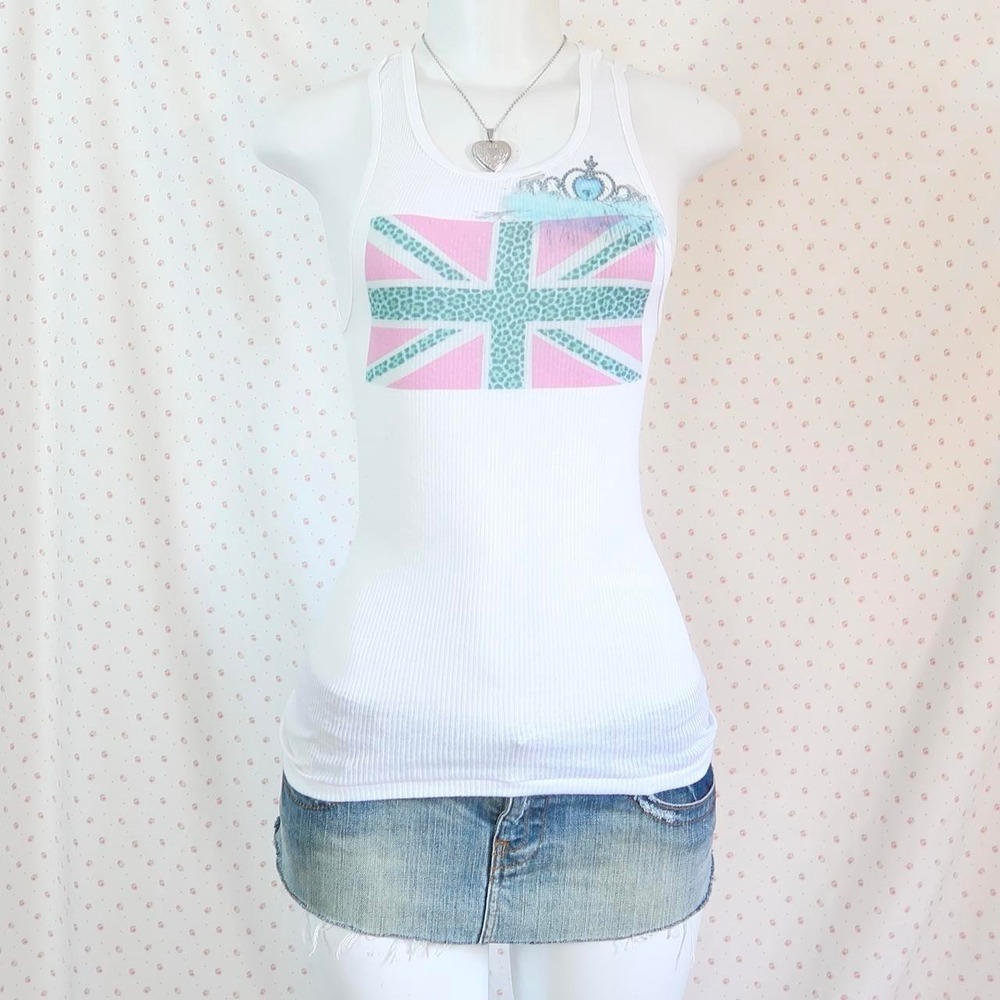 y2k white pink union jack leopard graphic tank top